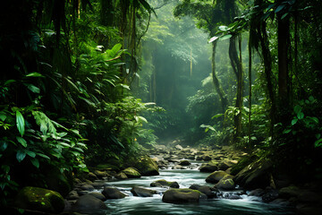 The sun's rays highlight the lush rainforest, highlighting the calm river flowing with moss-covered rocks - obrazy, fototapety, plakaty