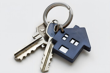 Metal keychain in the form of a house on a  white  background.