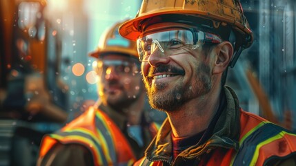 photorealism of Portriat of engineer and construction worker team look at smile power telephoto lens cross lighting   - obrazy, fototapety, plakaty