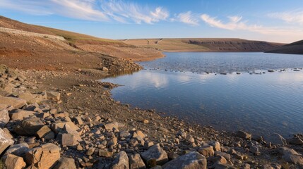 A reservoir at its lowest level in years revealing the highwater marks of better times on its rocky banks.