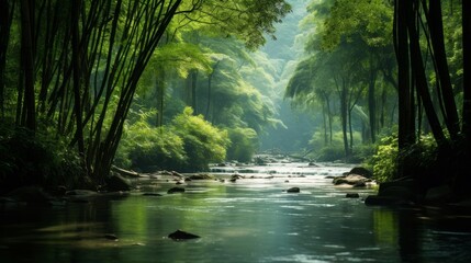 Remote river with green bamboo forests and water