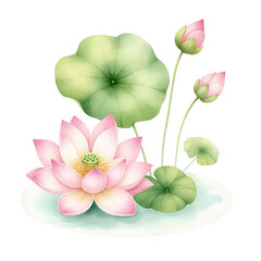 Obraz na płótnie Canvas Watercolor lotus clipart with serene pink blooms and green lily pads. watercolor illustration.