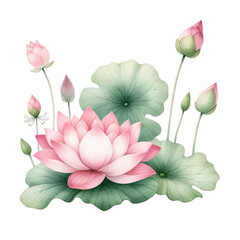 Watercolor lotus clipart with serene pink blooms and green lily pads. watercolor illustration.