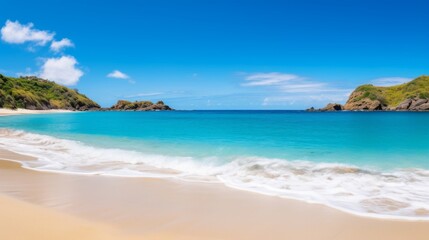 Fototapeta na wymiar Sandy beach with blue sky and pristine sea in nature