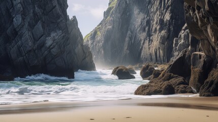 Crashing waves and rugged cliffs at a secluded beach landscape