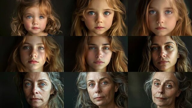 Concept of aging process and change of different generations. Age-related skin changes. Human ageing collage. Present, past and future. Life cycles. Face of young girl and old grandmother nearby.