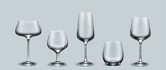 Empty cocktail drink glass transparent vector. Glassware cup set. Realistic isolated crystal clean 3d tableware object design mockup for restaurant. Blank champagne and martini beverage stemware