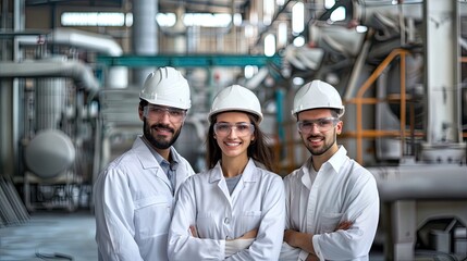 Portrait of 3 colleagues in a laboratory of a cement production company, photorealistic  