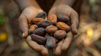 hand holding a handful of cocoa beans, Cocoa cultivation concept - obrazy, fototapety, plakaty