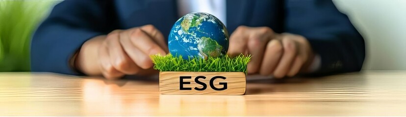 ESG letter on wood block concept with globe model Environmental Social Governance social issue...