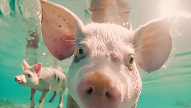 pig swimming at underwater. 4k video animation