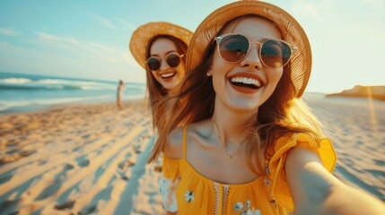 Two women wearing sunglasses are standing on top of a sandy beach under the sun