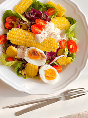 Fresh corn salad with boiled egg for breakfast. Healthy Ingredients. Morning time. Delicious food. Cooking recipes. Brunch. Healthy recipe. American breakfast. Easy breakfast recipes. First dish. 
