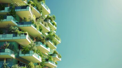 Tall building featuring plants growing on the balconies, showcasing a blend of urban architecture and green sustainability - 769347595