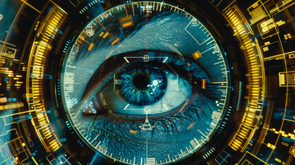 Vision of the Technological Age: Close-Up of an Eye with Golden HUD Interface