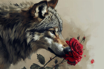 a wolf is smelling a beautiful red rose