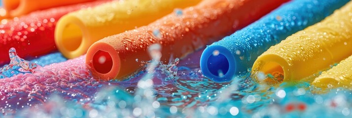 Lively and vibrant scene of people playing with colorful pool noodles in the water The noodles are creating splashes,bubbles,and a sense of pure joy and playfulness The image