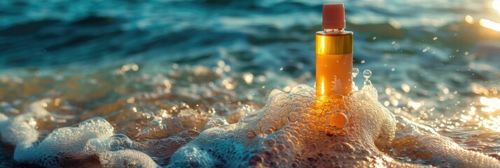 Bottle of tanning oil resting on the sandy beach,surrounded by the gently lapping waves of the turquoise ocean The warm,golden sunlight glistens on the surface