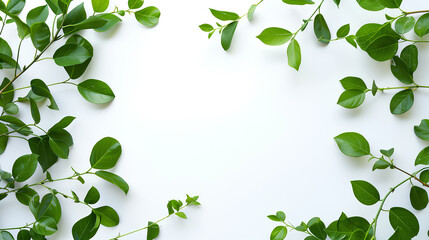 A white background with green leaves surrounding it. The leaves are arranged in a circular pattern, with some overlapping and others extending outwards