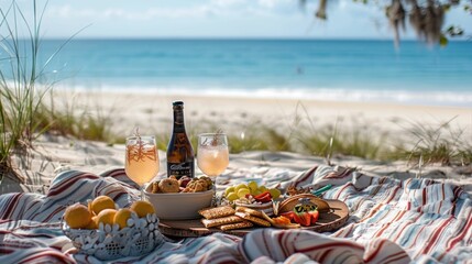 Picnic,with a cozy blanket adorned with an array of snacks and drinks The serene ocean backdrop,complete with swaying palm trees and a tranquil - obrazy, fototapety, plakaty