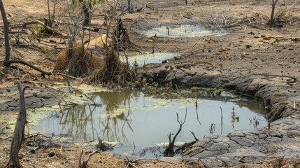 Obraz premium The few remaining water sources are surrounded by withered plants and desperate animals struggling to survive in this harsh environment.