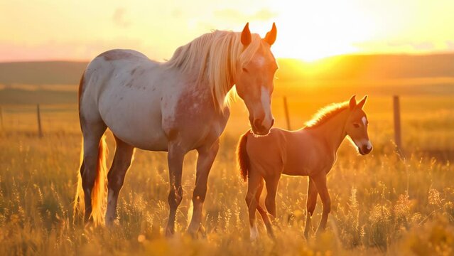 Beautiful horse family at sunset. 4k video animation