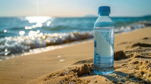 Perfect beach day with this image of a water bottle standing on the sandy shore,facing the serene ocean and sun-dappled sky The clear blue water bottle