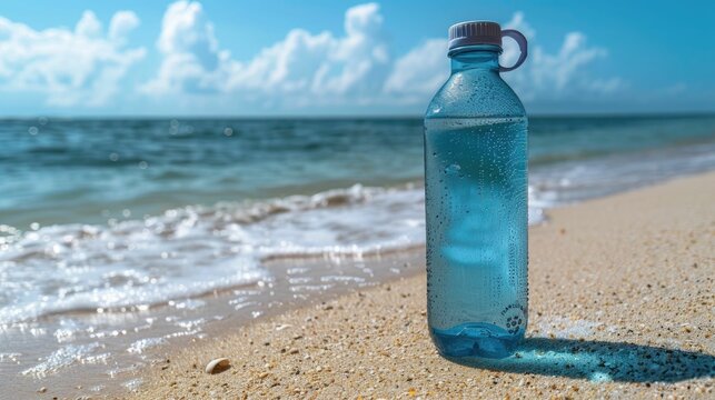 Perfect beach day with this image of a water bottle standing on the sandy shore,facing the serene ocean and sun-dappled sky The clear blue water bottle