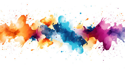 A vibrant watercolor panorama with a smooth transition from cool blues to warm reds and purples, resembling a sunset sky, dotted with lively paint droplets. on white and transparent background
