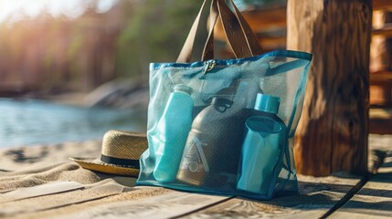 Bag filled with various beach essentials,perfect for practical and convenient sandy adventures and coastal The transparent,lightweight,and durable bag provides easy access