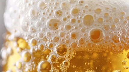 Detailed view of bubbles rising in a glass of beer, showcasing the effervescence and carbonation