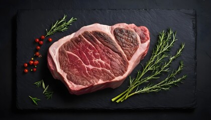 Top View of Dry-Aged Cowboy Ribeye Steak on Black Background