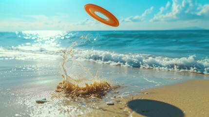 Exhilarating moment of a frisbee being caught mid-air on a sun-drenched beach The image exudes a sense of energy,joy,and the carefree spirit of outdoor