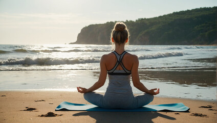 Fototapeta na wymiar Woman doing yoga at the beach 