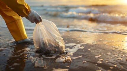 A person wearing gloves is picking up plastic bags that pollute the beach, contributing to environmental conservation efforts - obrazy, fototapety, plakaty