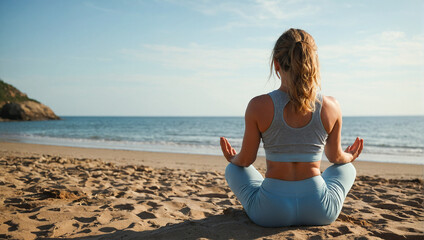 Fototapeta na wymiar Woman doing yoga at the beach 