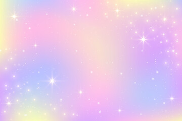 Color gradient background. Light rainbow pastel sky. Abstract iridescent vector texture with sparkles and stars. Soft pink and purple unicorn dreamy wallpaper with spectrum gradation.