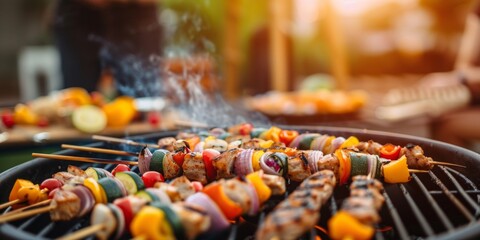 A close view of a grill with various skewers of food cooking on it during a summer barbecue in a backyard party - obrazy, fototapety, plakaty