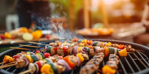 Poster A close view of a grill with various skewers of food cooking on it during a summer barbecue in a backyard party © tashechka