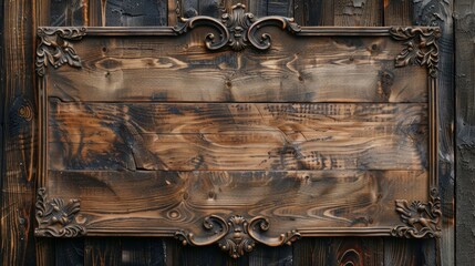 Blank mockup of a wooden storefront sign with intricate handpainted details and a rustic charm.