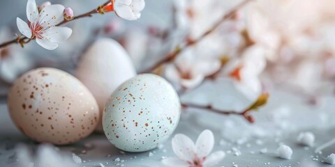 Fototapeta premium Three pastel Easter eggs are placed neatly on top of a table next to vibrant spring blossoms