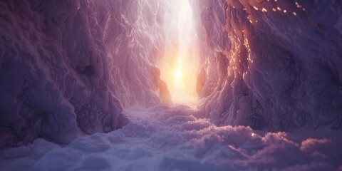 A narrow tunnel covered in snow, leading through an icy mountain landscape with a path of light at the end