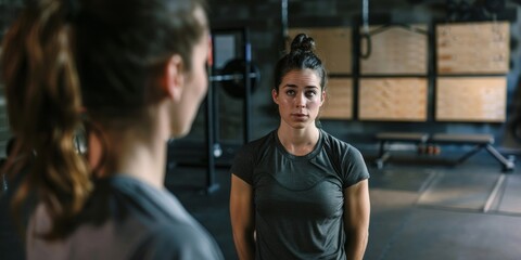 A woman is standing in front of a mirror in a gym, assessing her form during a personal training session