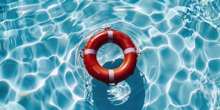 A vivid red life preserver floating on the water surface of a pool