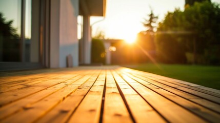 A wooden deck overlooks a setting sun in the background - 769349758