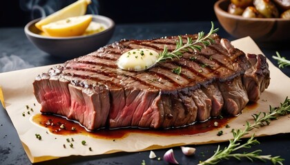 Beef Eye Rib Steak Pan-Seared with Garlic, Butter, Thyme - obrazy, fototapety, plakaty