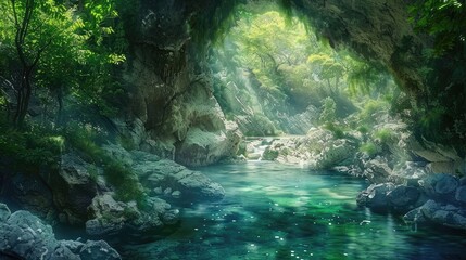 surrounded by green cave stone forest, shining with silver light, rippling water 