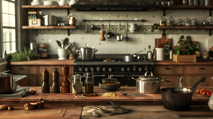 Fototapeta na wymiar Kitchen Counter with Spices and Cooking Tools Kitchen Table with Spices and Cooking Wares