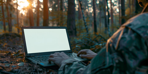 Close-up Soldier Uses Military Grade Laptop with White/Green Screen. In the Background Camouflaged Army Base in the Forest. generative ai 