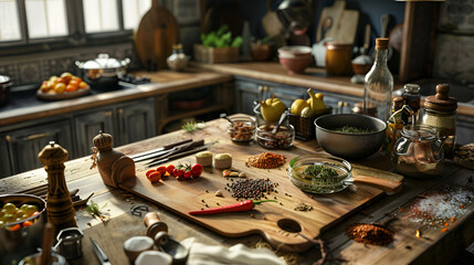 Kitchen Counter with Spices and Cooking Tools Kitchen Table with Spices and Cooking Wares